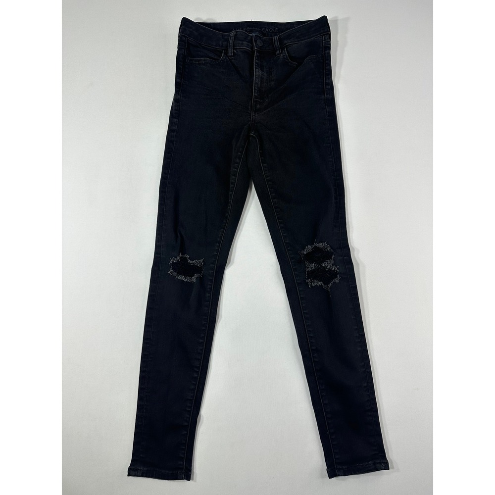 American Eagle High Waisted Skinny Jeans Black Distressed Womens Size 4